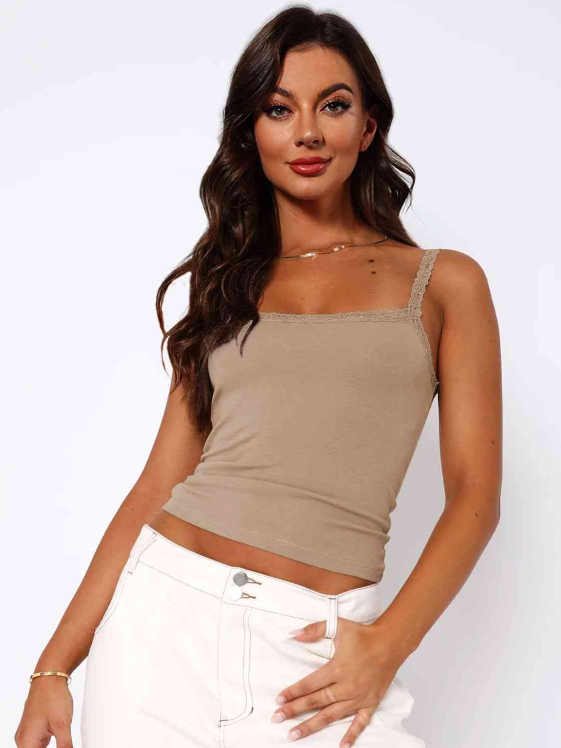 Lace Trim Straight Neck Cami - TRENDMELO