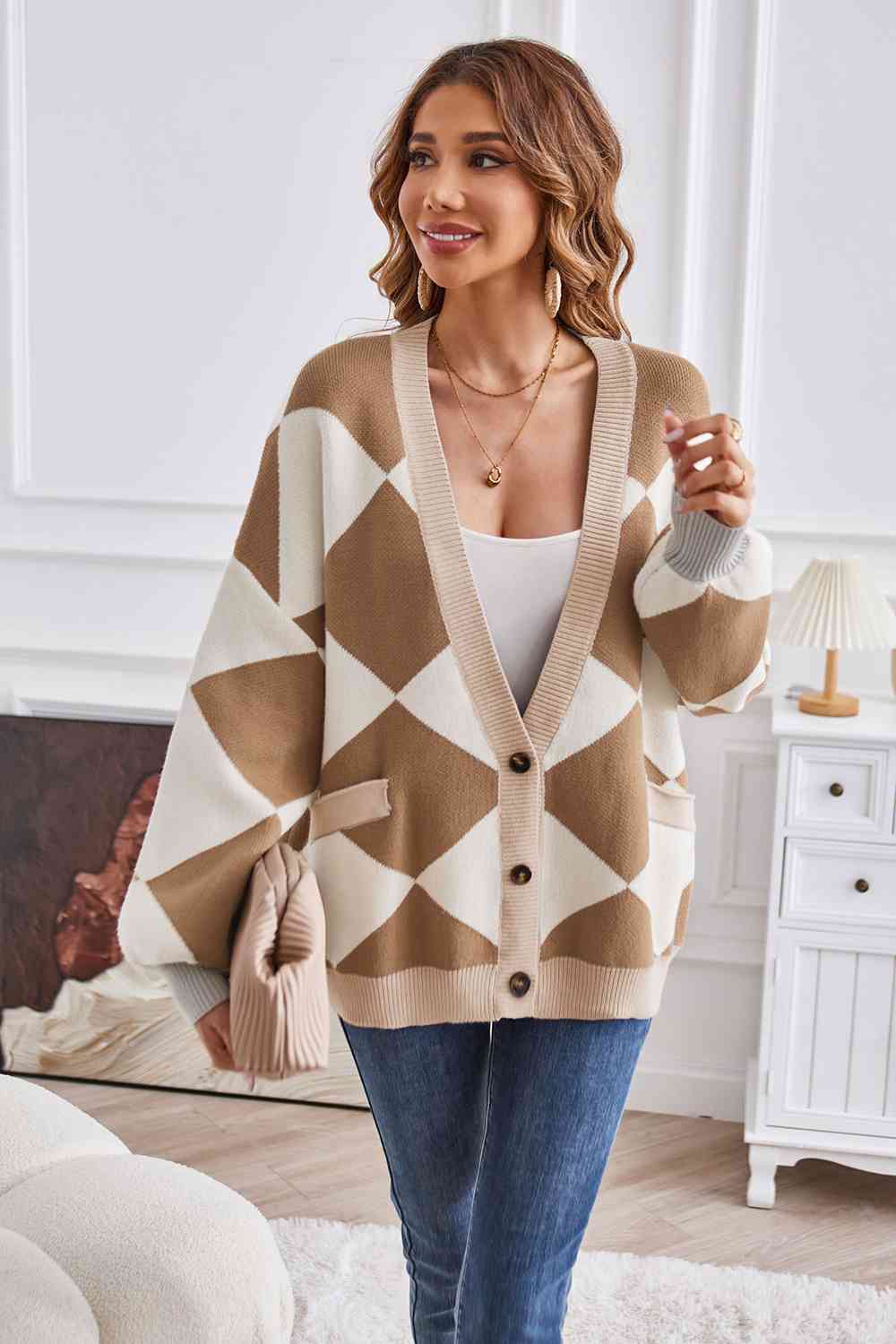 Geometric Lantern Sleeve Cardigan with Pockets - TRENDMELO