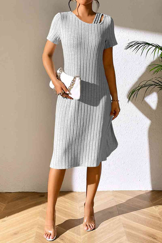 Ribbed Asymmetrical Neck Short Sleeve Dress - TRENDMELO