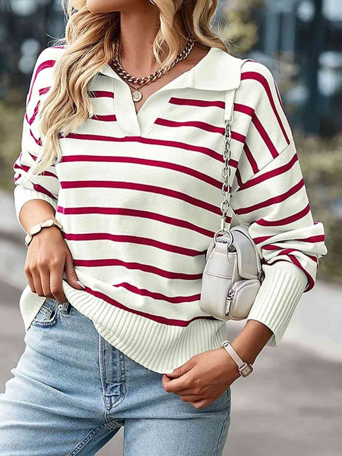 Striped Collared Neck Knit Top - TRENDMELO