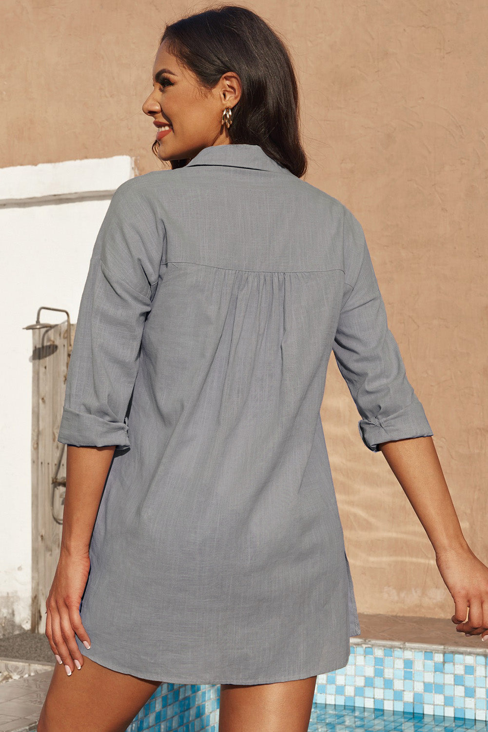 Button-Up Longline Shirt with Breast Pockets - TRENDMELO