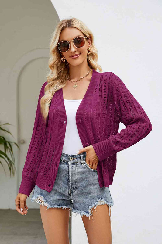 Openwork Button Front V-Neck Cardigan - TRENDMELO