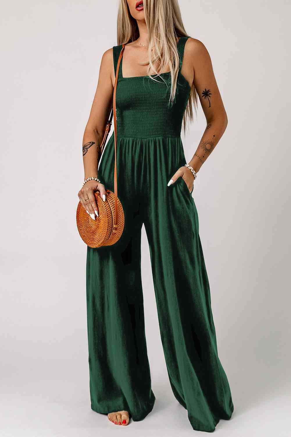 Smocked Square Neck Wide Leg Jumpsuit with Pockets - TRENDMELO