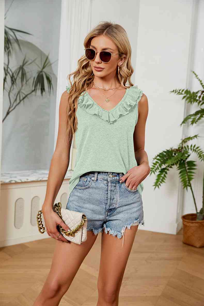 Ruffle V-Neck Tank Top - TRENDMELO