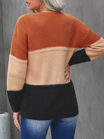 Color Block Dropped Shoulder Sweater - TRENDMELO