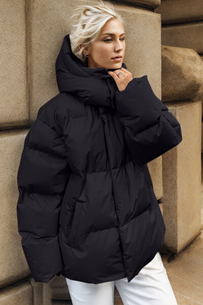 Pocketed Zip Up Hooded Puffer Jacket - TRENDMELO