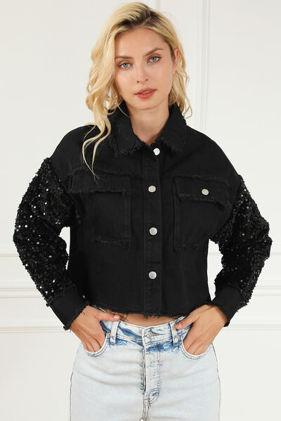 Sequin Button Up Raw Hem Denim Jacket - TRENDMELO