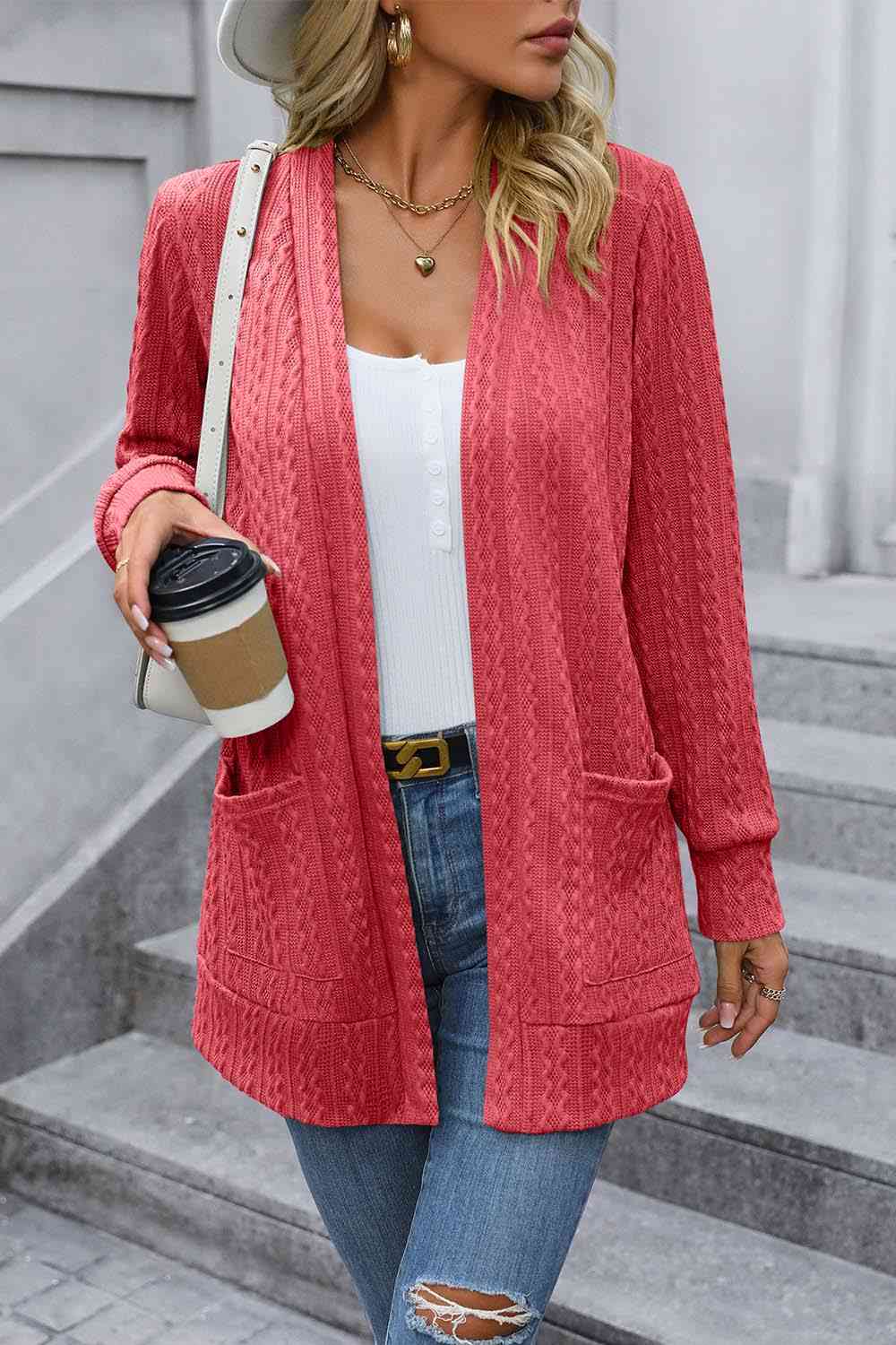 Cable-Knit Long Sleeve Cardigan with Pocket - TRENDMELO