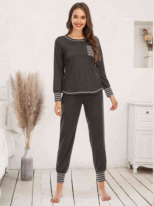 Round Neck Top and Pants Lounge Set - TRENDMELO