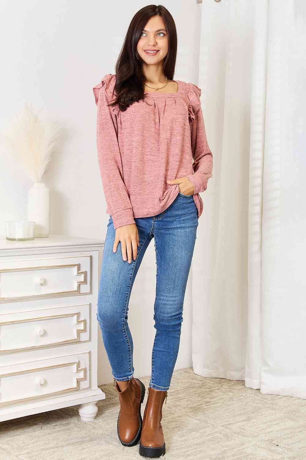 Double Take Square Neck Ruffle Shoulder Long Sleeve T-Shirt - TRENDMELO