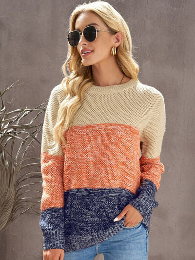 Color Block Dropped Shoulder Sweater - TRENDMELO