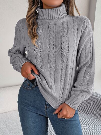 Cable-Knit Turtleneck Dropped Shoulder Sweater - TRENDMELO