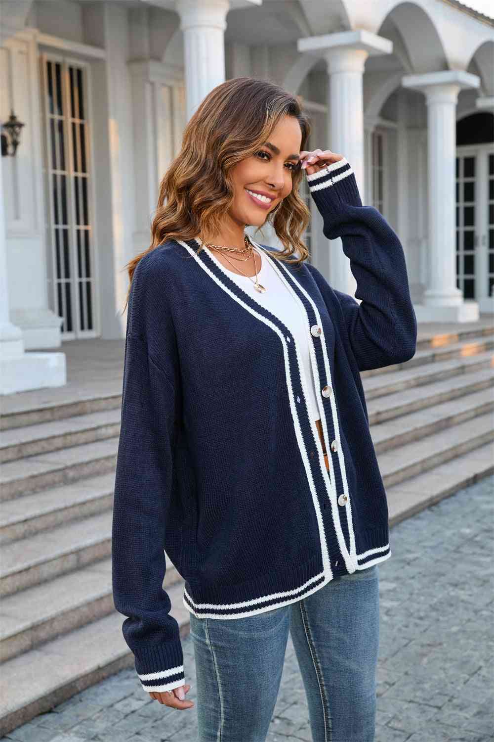 Buttoned V-Neck Long Sleeve Cardigan - TRENDMELO