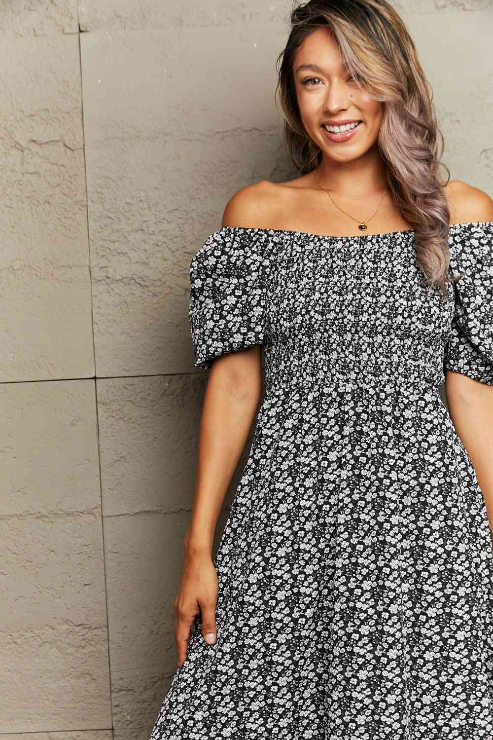 Floral Lace-Up Off-Shoulder Midi Dress - TRENDMELO