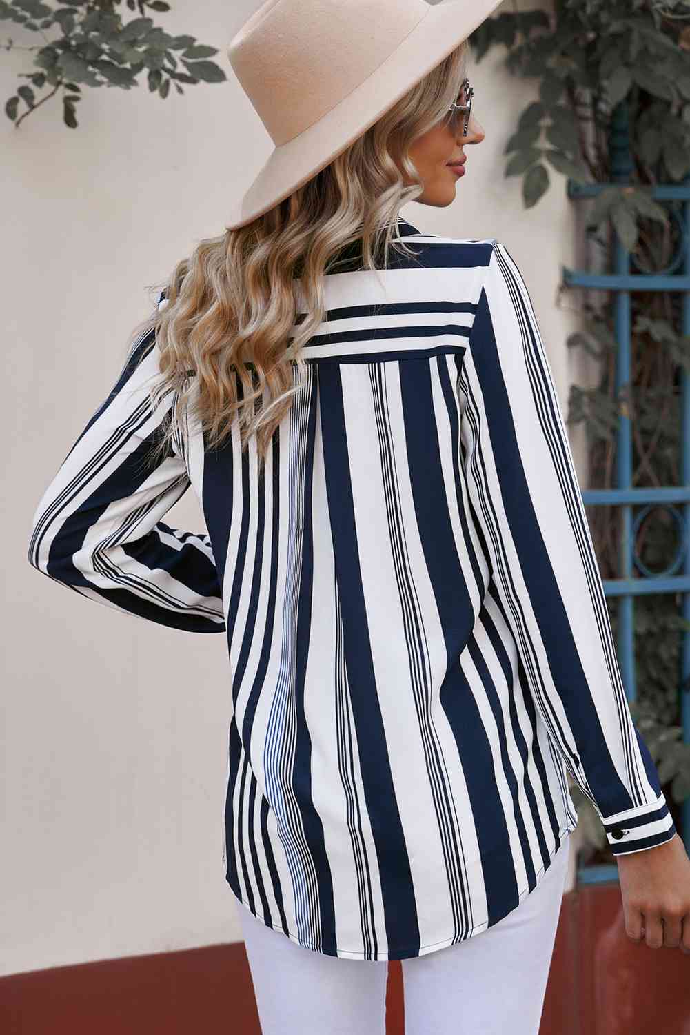 Striped Button-Down Long Sleeve Shirt - TRENDMELO