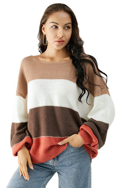 Color Block Dropped Shoulder Sweater - TRENDMELO