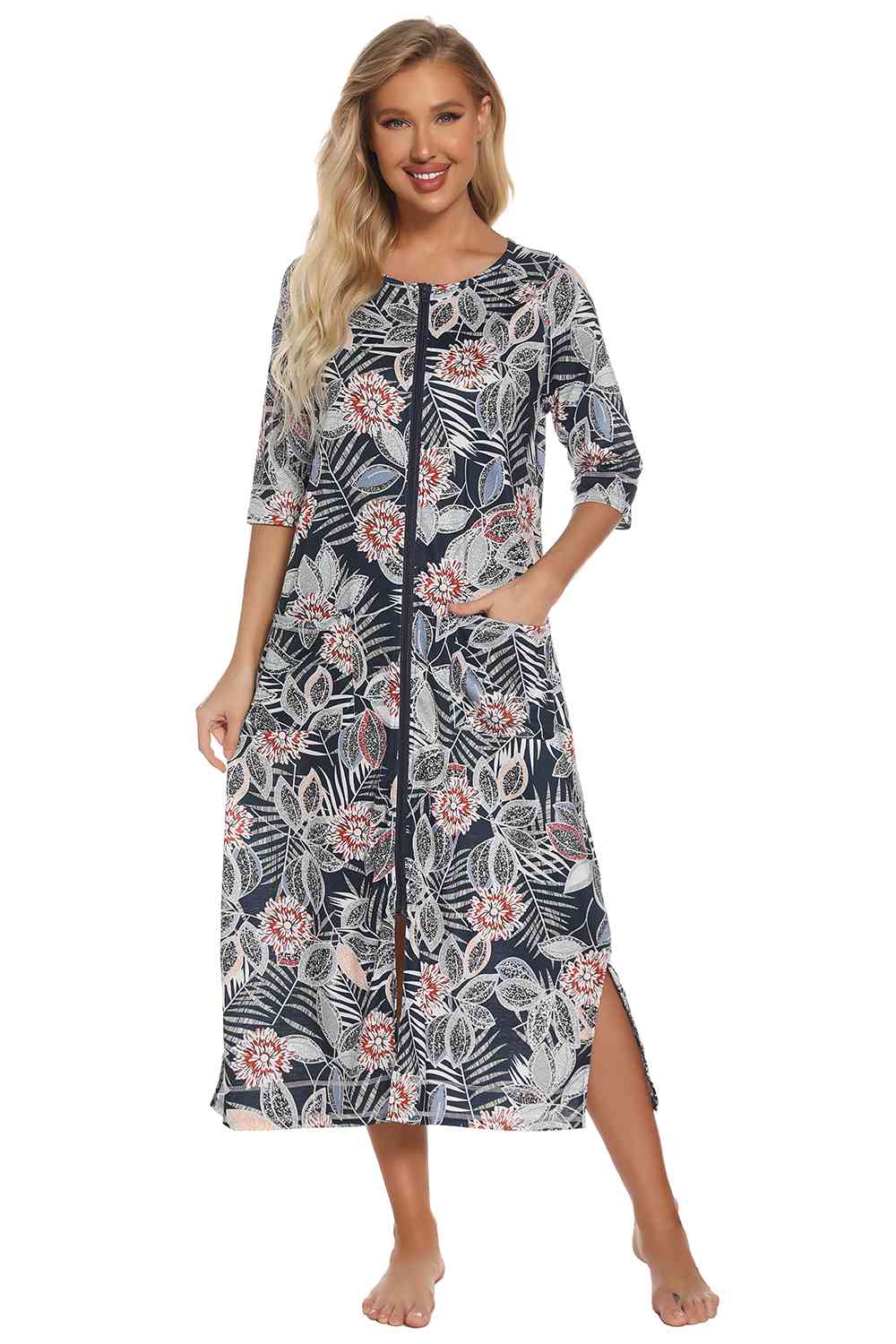 Printed Slit Night Dress with Pockets - TRENDMELO