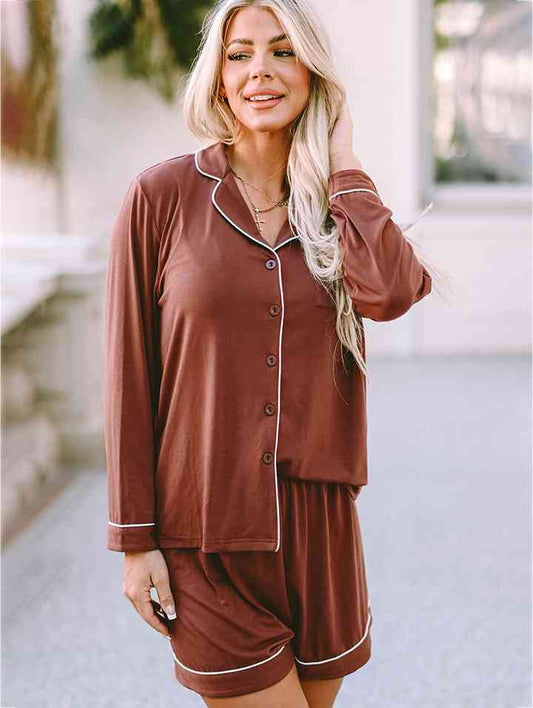 Lapel Collar Long Sleeve Buttoned Top and Shorts Lounge Set - TRENDMELO