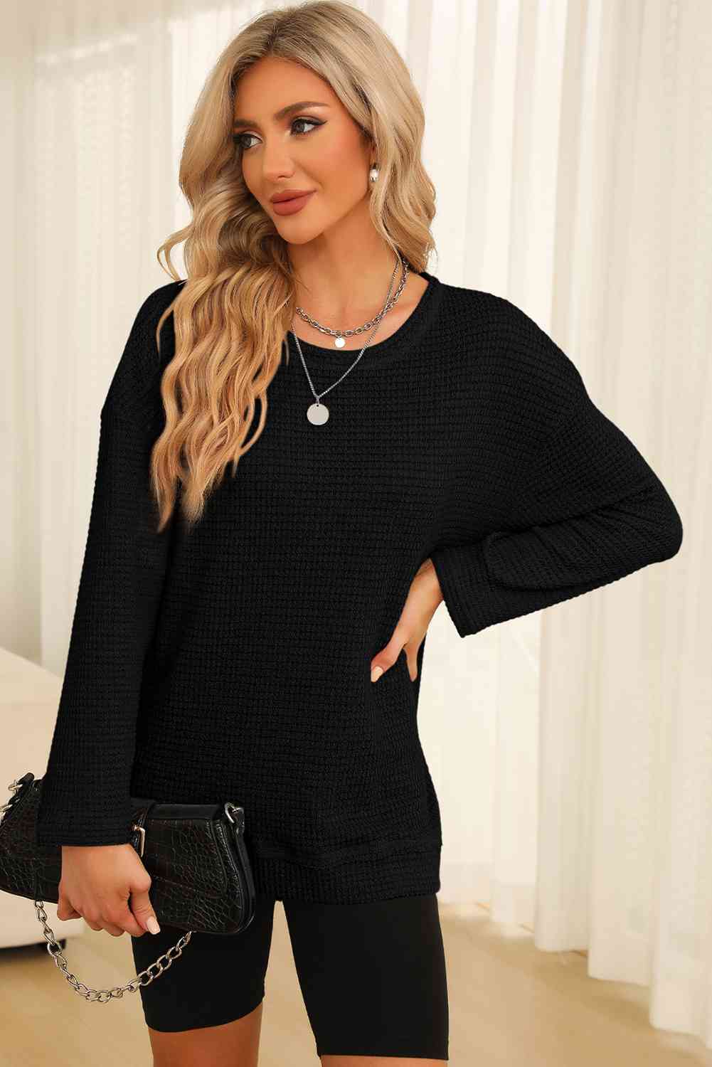 Waffle-Knit Round Neck Long Sleeve Sweatshirt - TRENDMELO