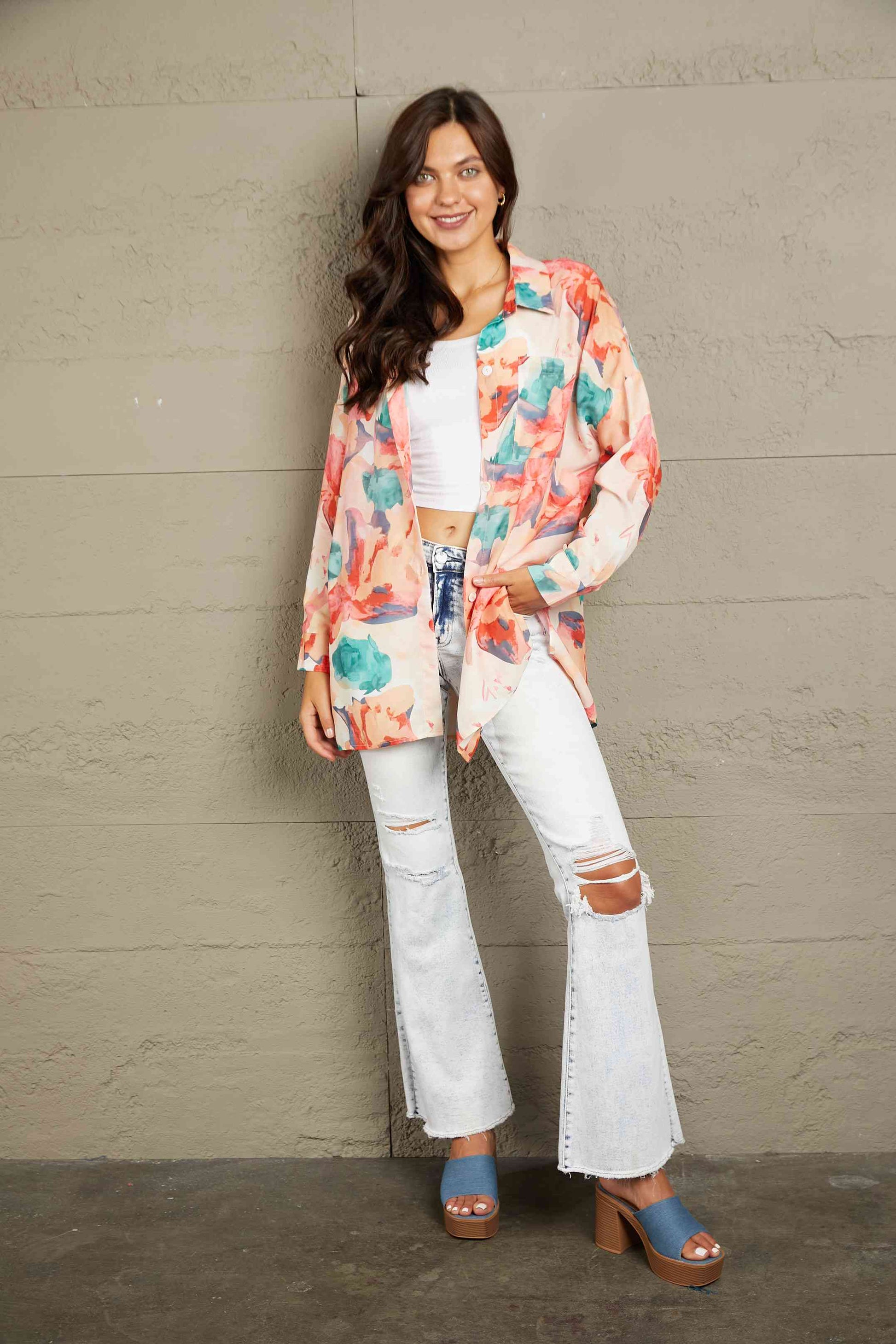 Double Take Floral Long Sleeve Slit Longline Shirt - TRENDMELO