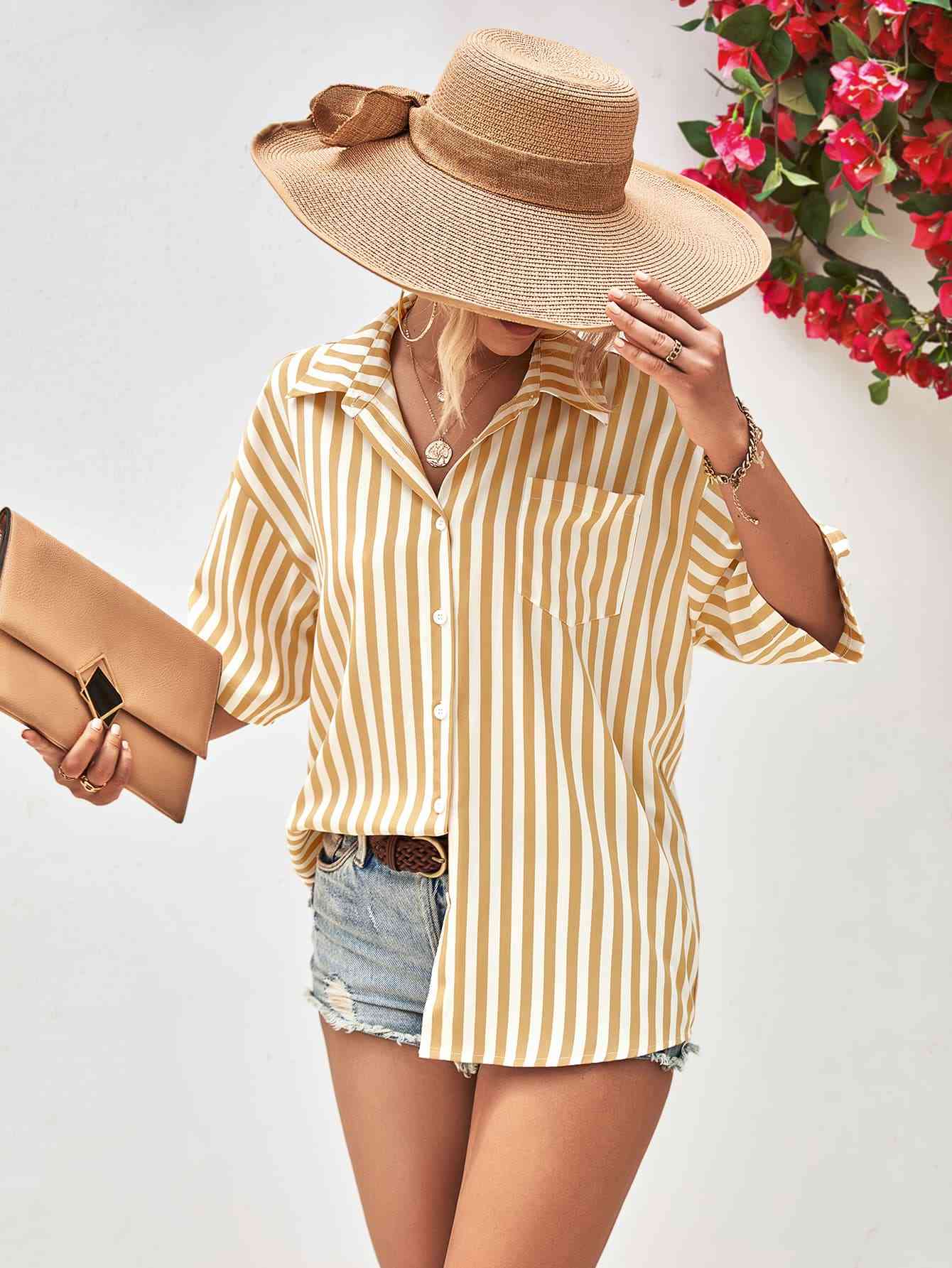 Striped Dropped Shoulder Half Sleeve Shirt - TRENDMELO