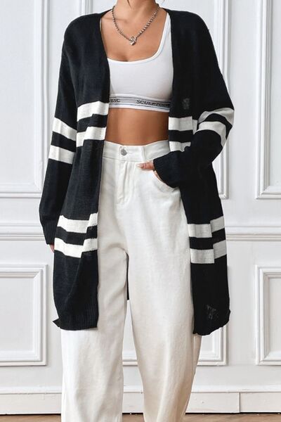 Striped Open Front Dropped Shoulder Cardigan - TRENDMELO