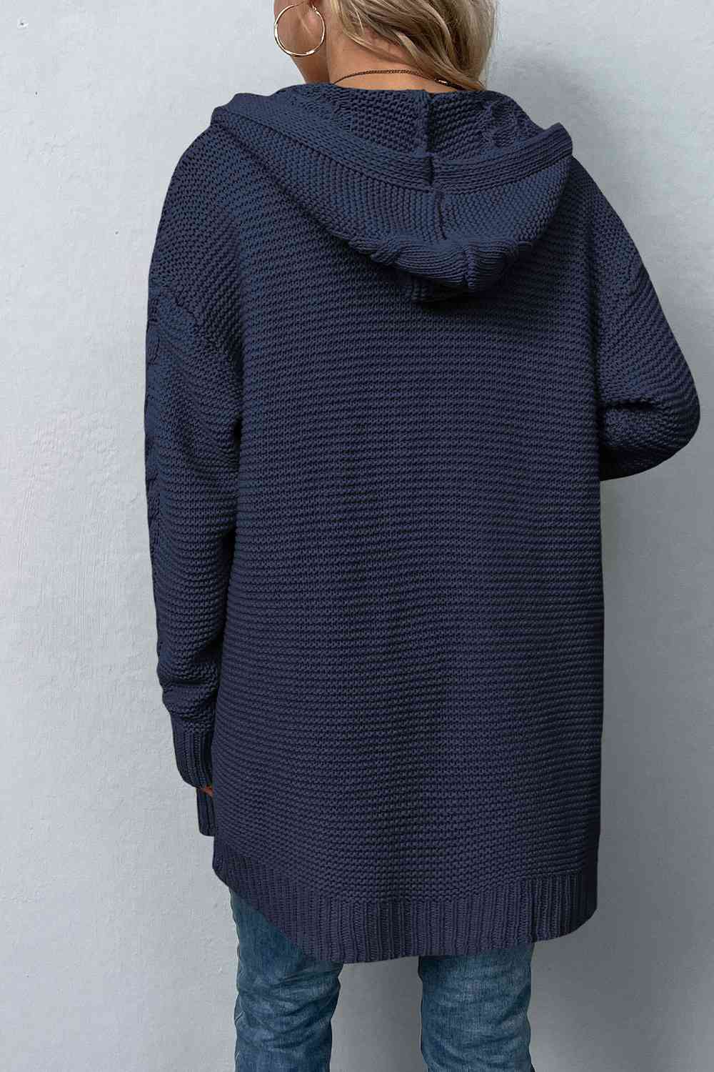 Cable-Knit Dropped Shoulder Hooded Cardigan - TRENDMELO