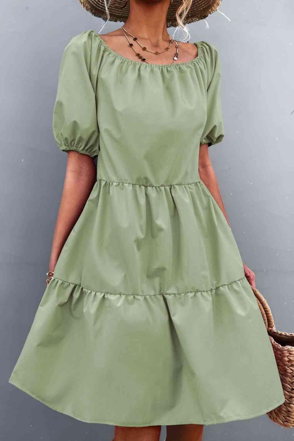 Square Neck Short Sleeve Mini Dress - TRENDMELO