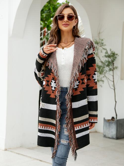 Fringe Geometric Hooded Long Sleeve Cardigan - TRENDMELO