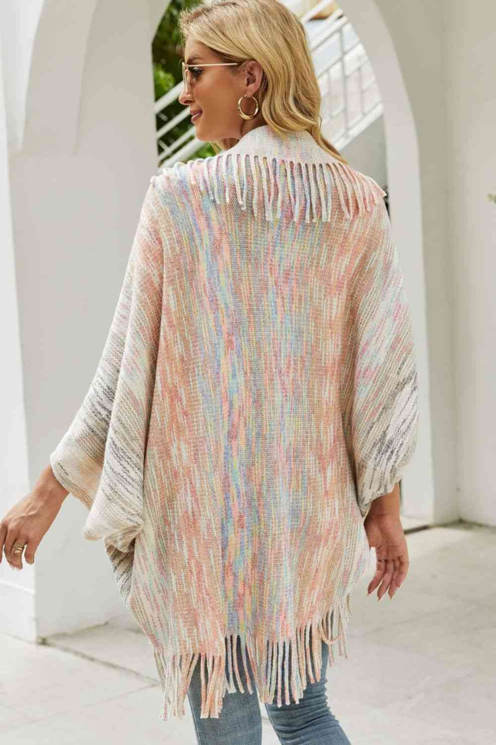 Multicolored Fringe Trim Poncho - TRENDMELO