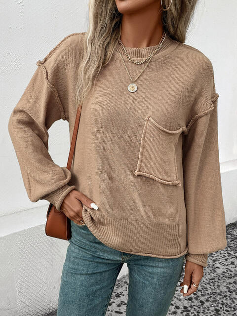 Exposed Seam Round Neck Sweater - TRENDMELO