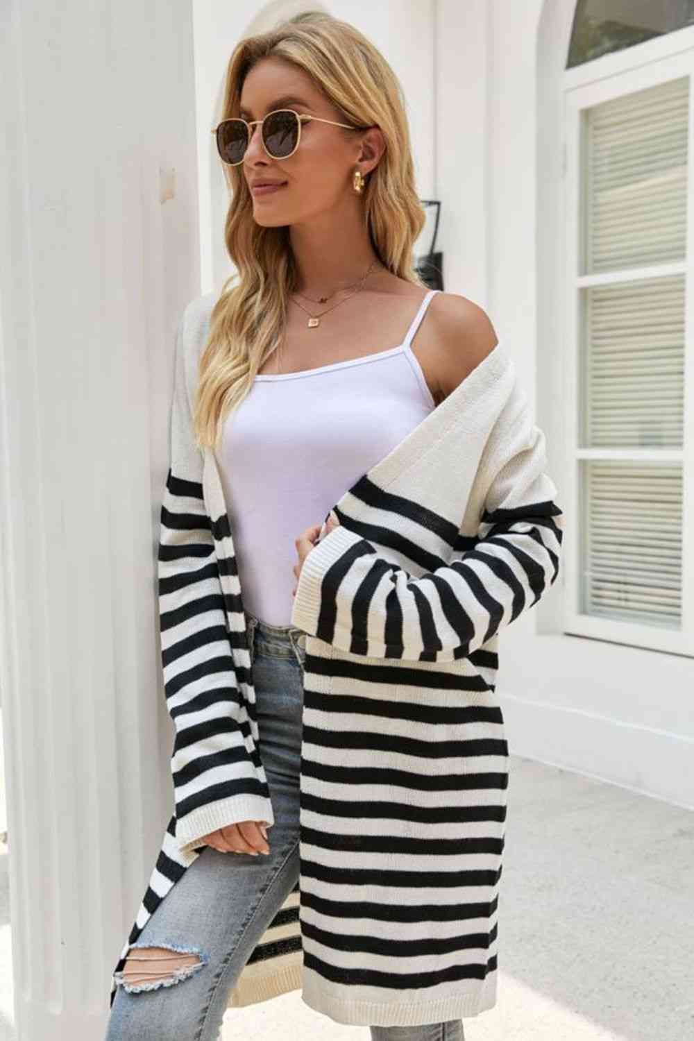 Striped Open Front Longline Cardigan - TRENDMELO