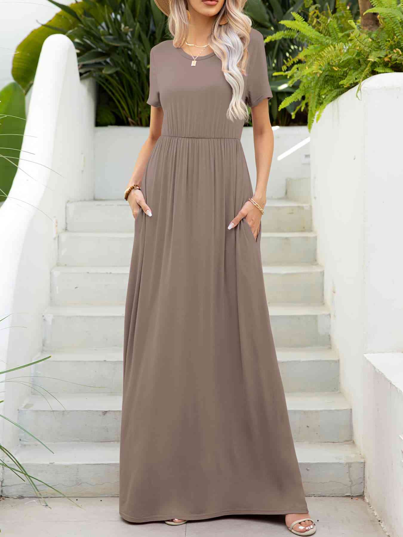 Round Neck Short Sleeve Maxi Dress with Pockets - TRENDMELO