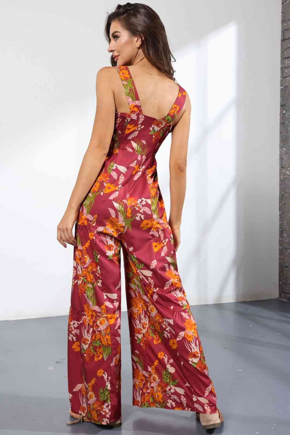 Floral Square Neck Wide Leg Jumpsuit - TRENDMELO