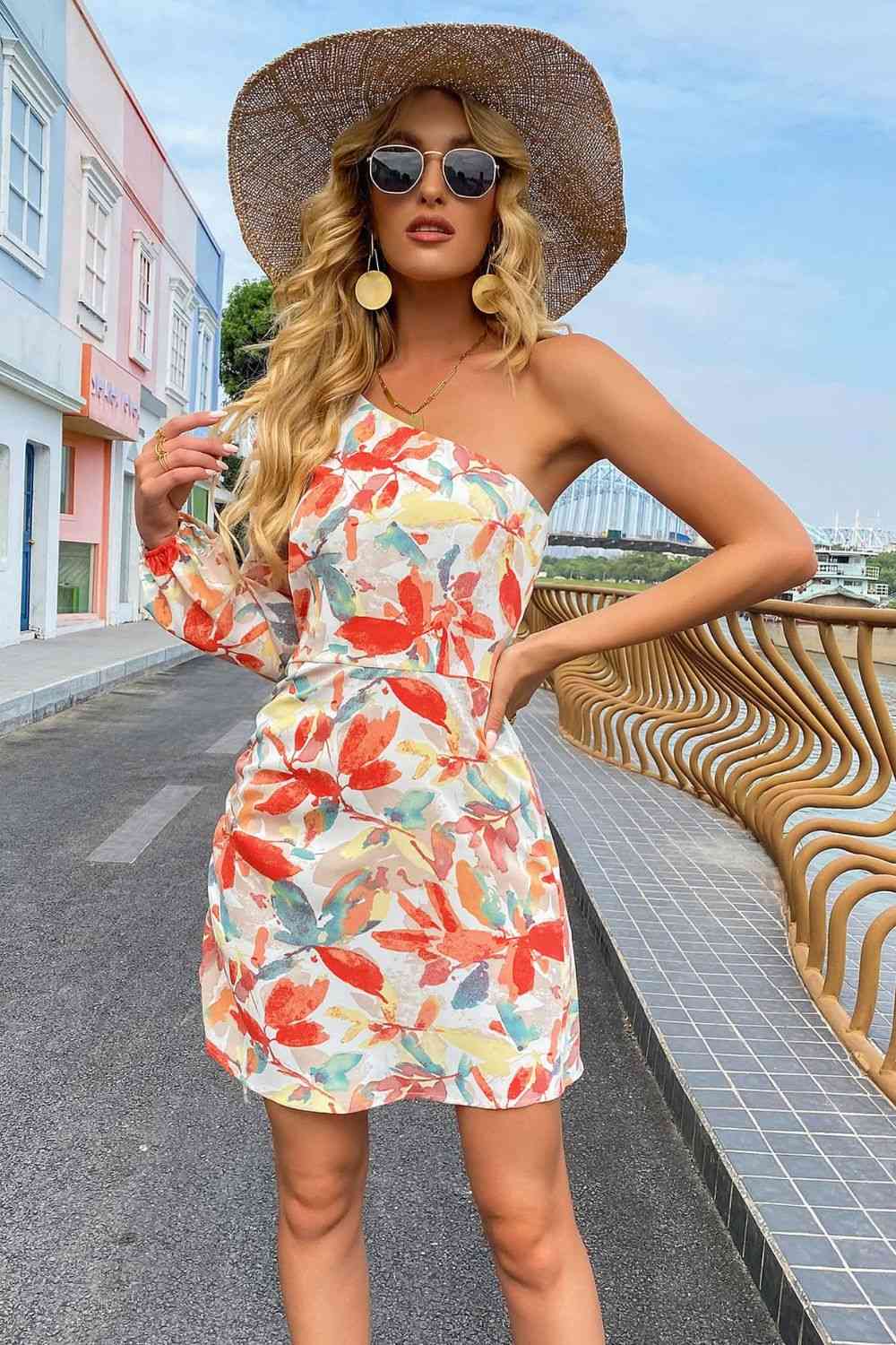 Printed One-Shoulder Drawstring Mini Dress - TRENDMELO