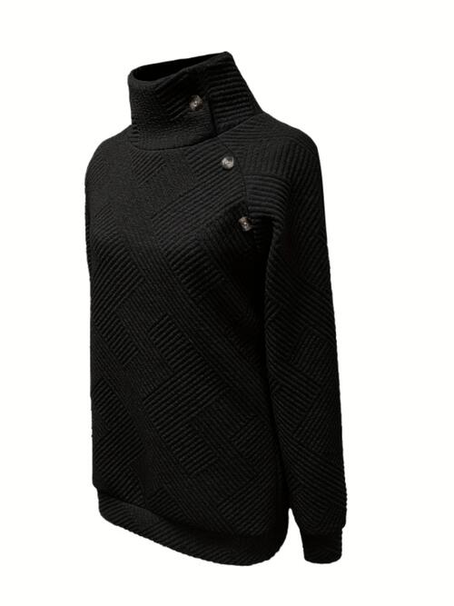 Buttoned Mock Neck Long Sleeve Sweatshirt - TRENDMELO