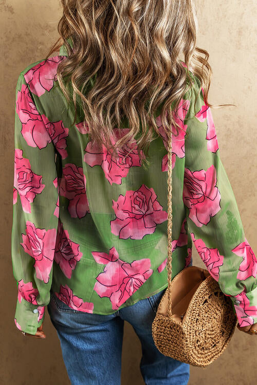 Flower Collared Neck Long Sleeve Shirt - TRENDMELO