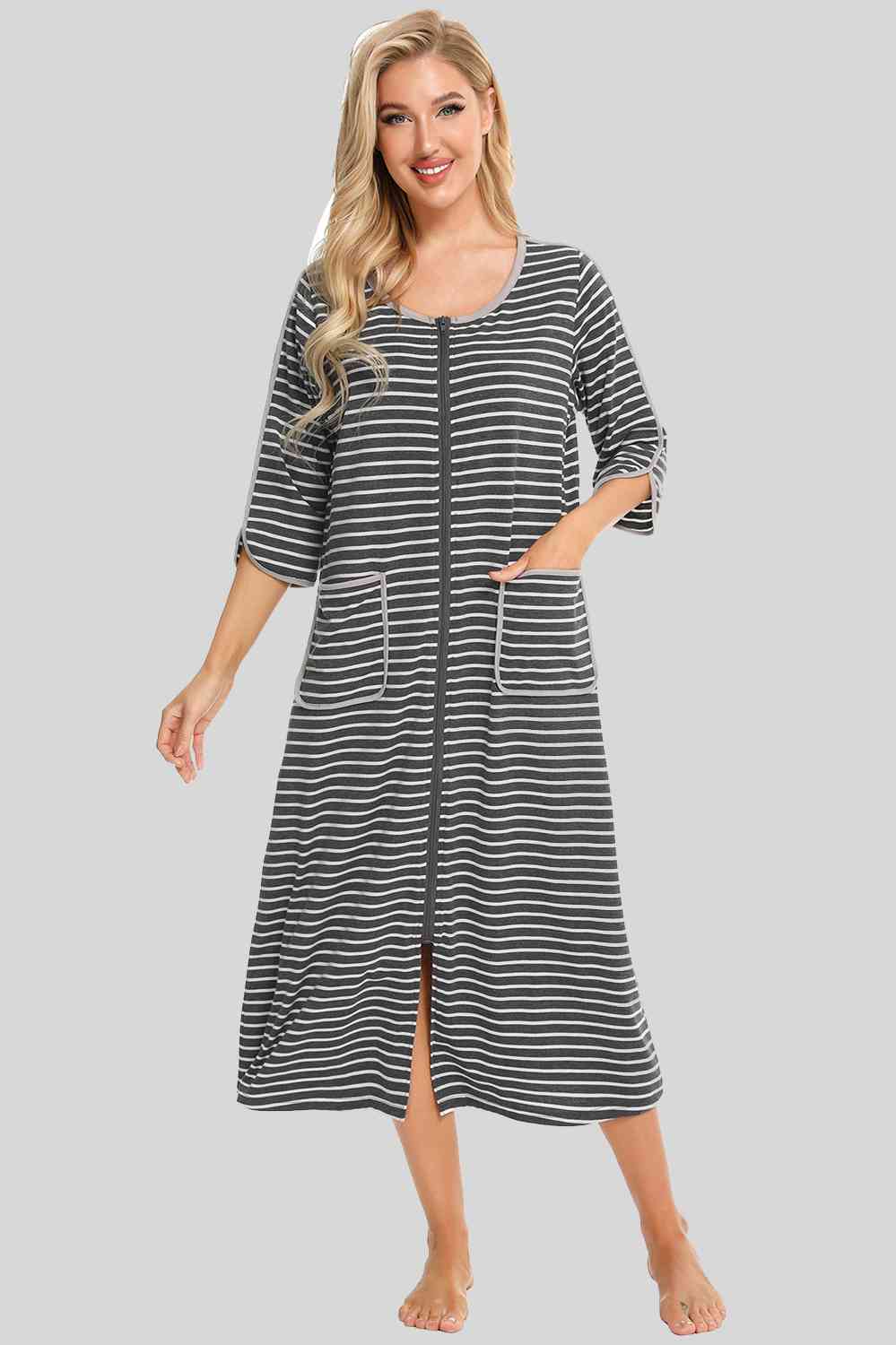 Round Neck Three-Quarter Sleeve Midi Night Dress - TRENDMELO