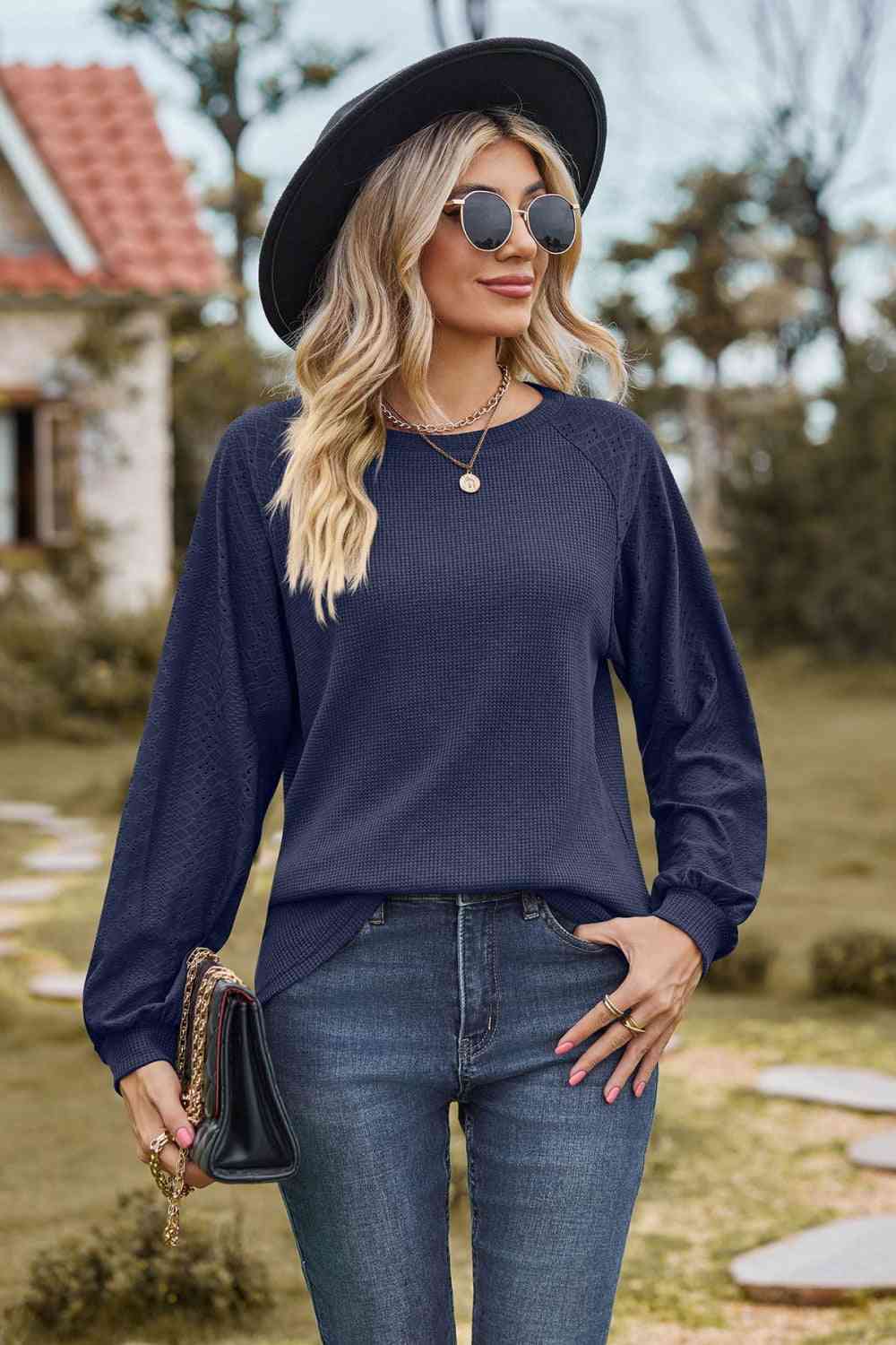 Round Neck Raglan Sleeve Sweatshirt - TRENDMELO