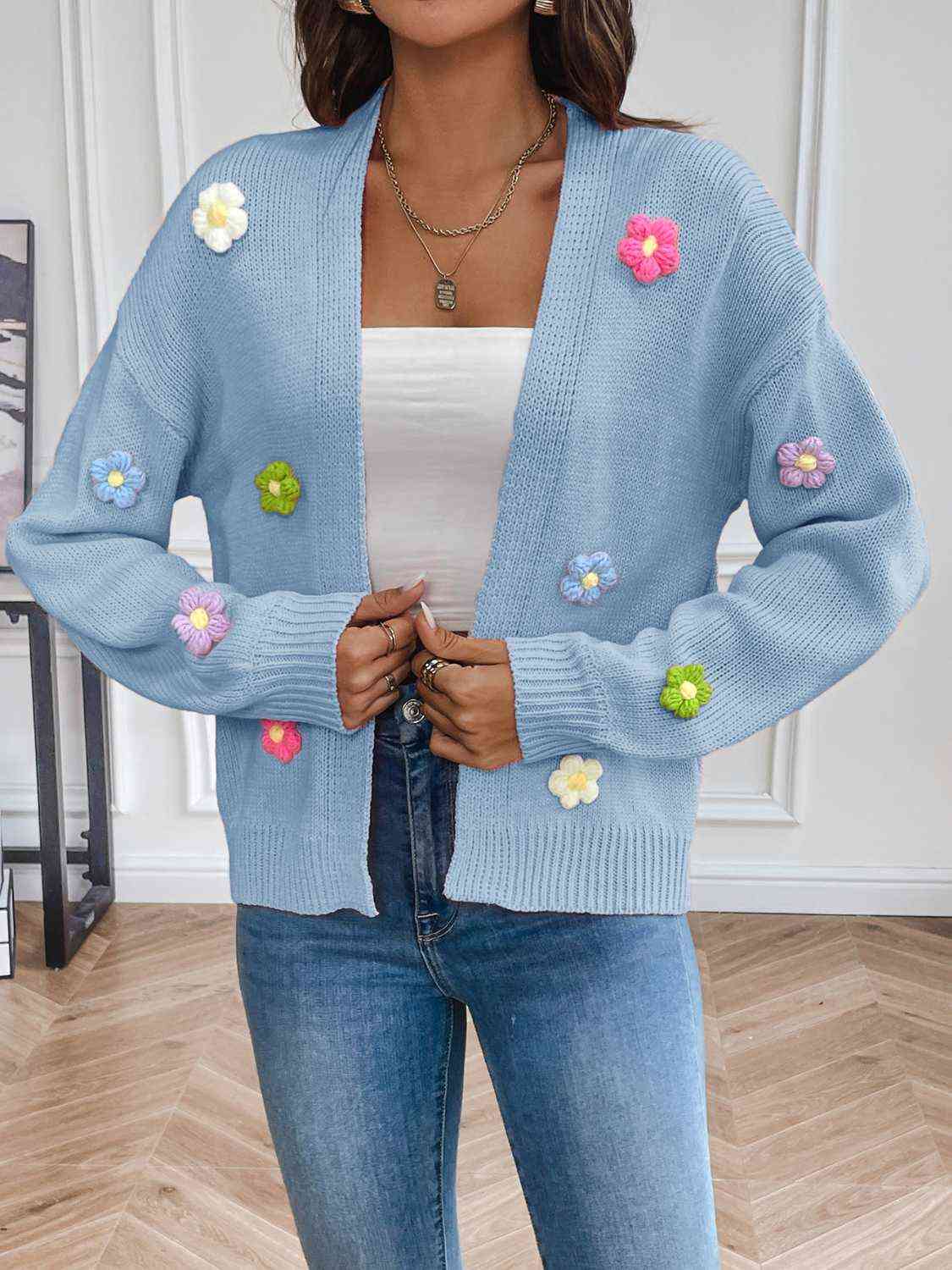 Floral Long Sleeve Open Front Cardigan - TRENDMELO