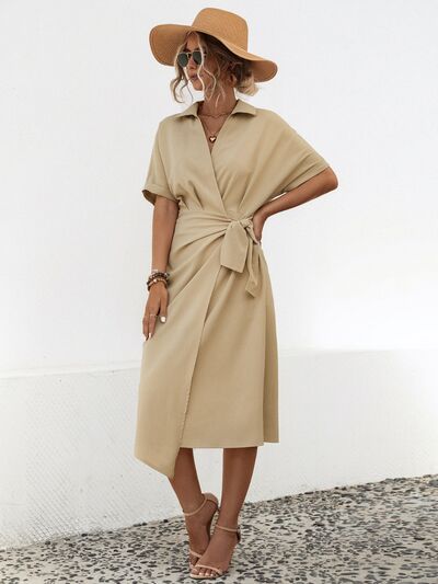 Tied Slit Short Sleeve Dress - TRENDMELO