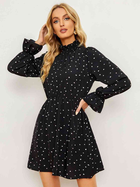 Printed Long Flounce Sleeve Frill Neck Dress - TRENDMELO