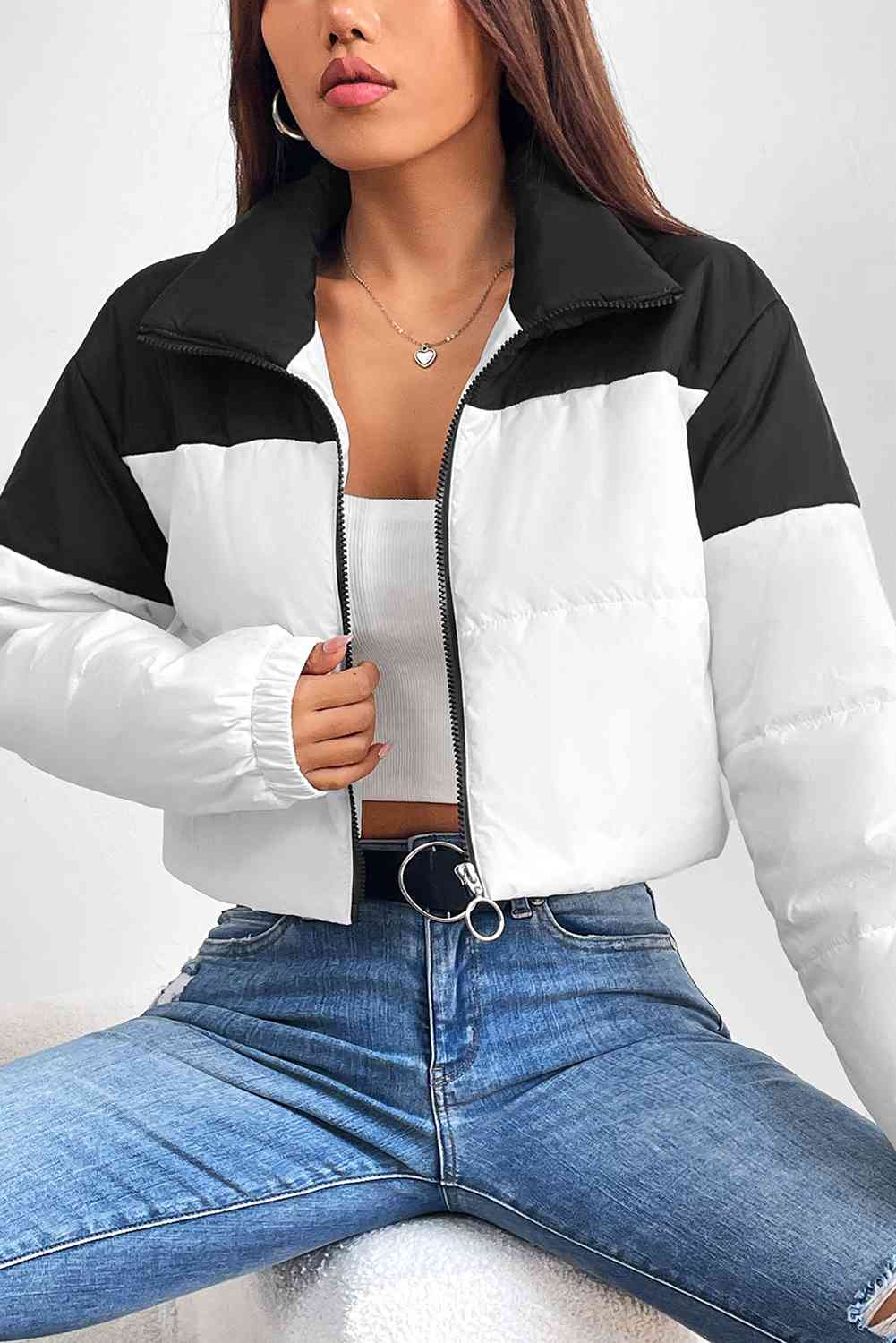 Collared Neck Color Block Puffer Jacket - TRENDMELO