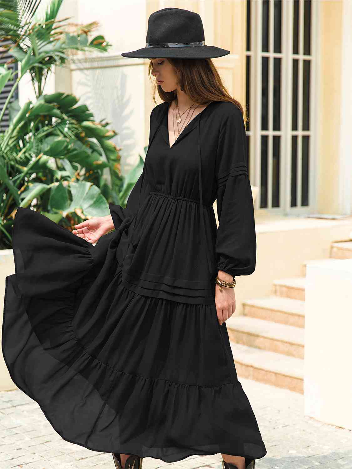 Tie Neck Long Sleeve Midi Tiered Dress - TRENDMELO