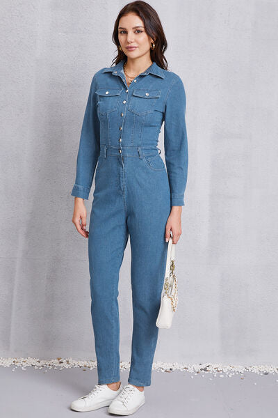 Snap Down Denim Jumpsuit with Pockets - TRENDMELO