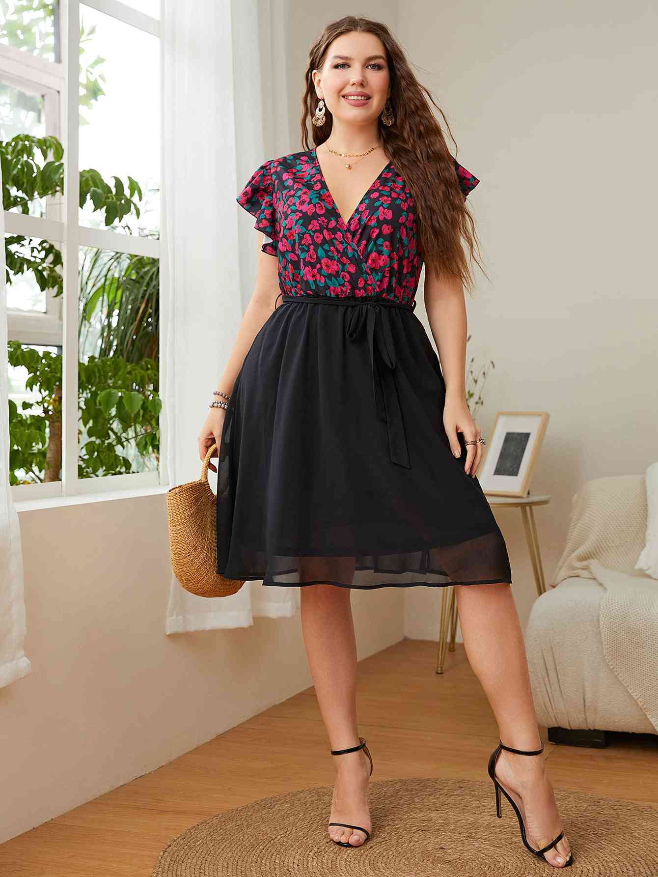 Plus Size Floral Surplice Neck Flutter Sleeve Dress - TRENDMELO