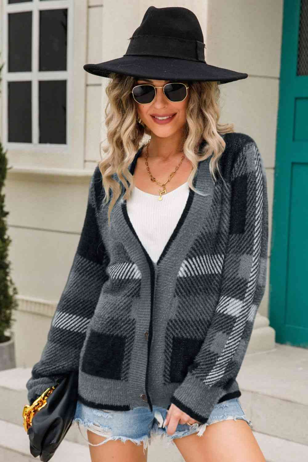 Striped Button-Front Fuzzy Cardigan - TRENDMELO