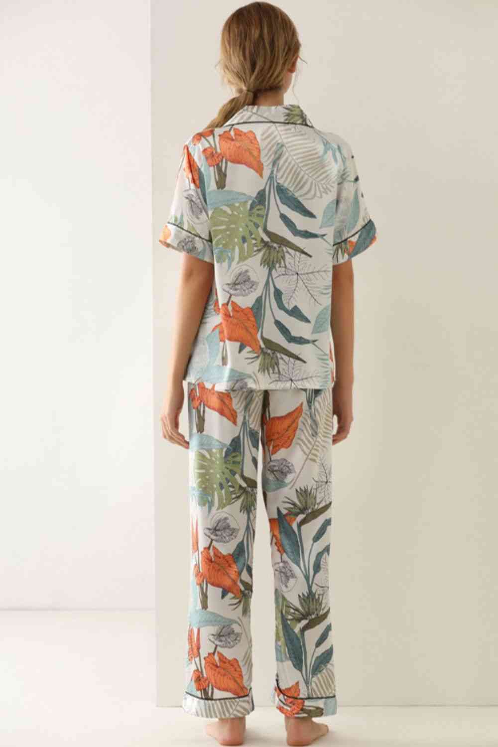 Botanical Print Button-Up Top and Pants Pajama Set - TRENDMELO