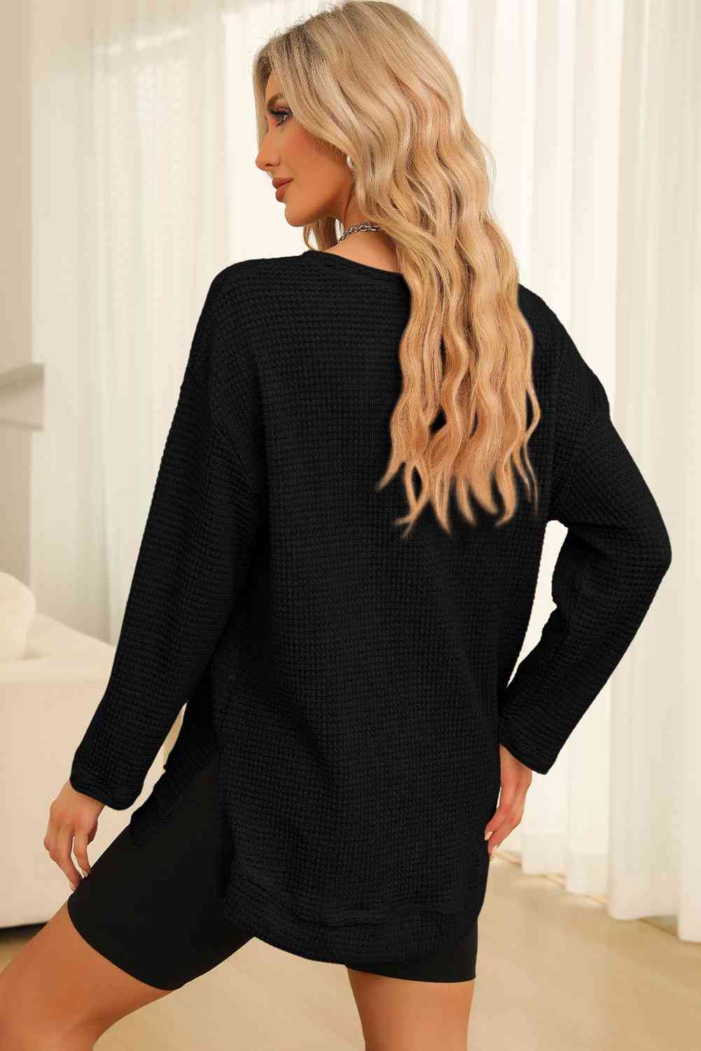 Waffle-Knit Round Neck Long Sleeve Sweatshirt - TRENDMELO