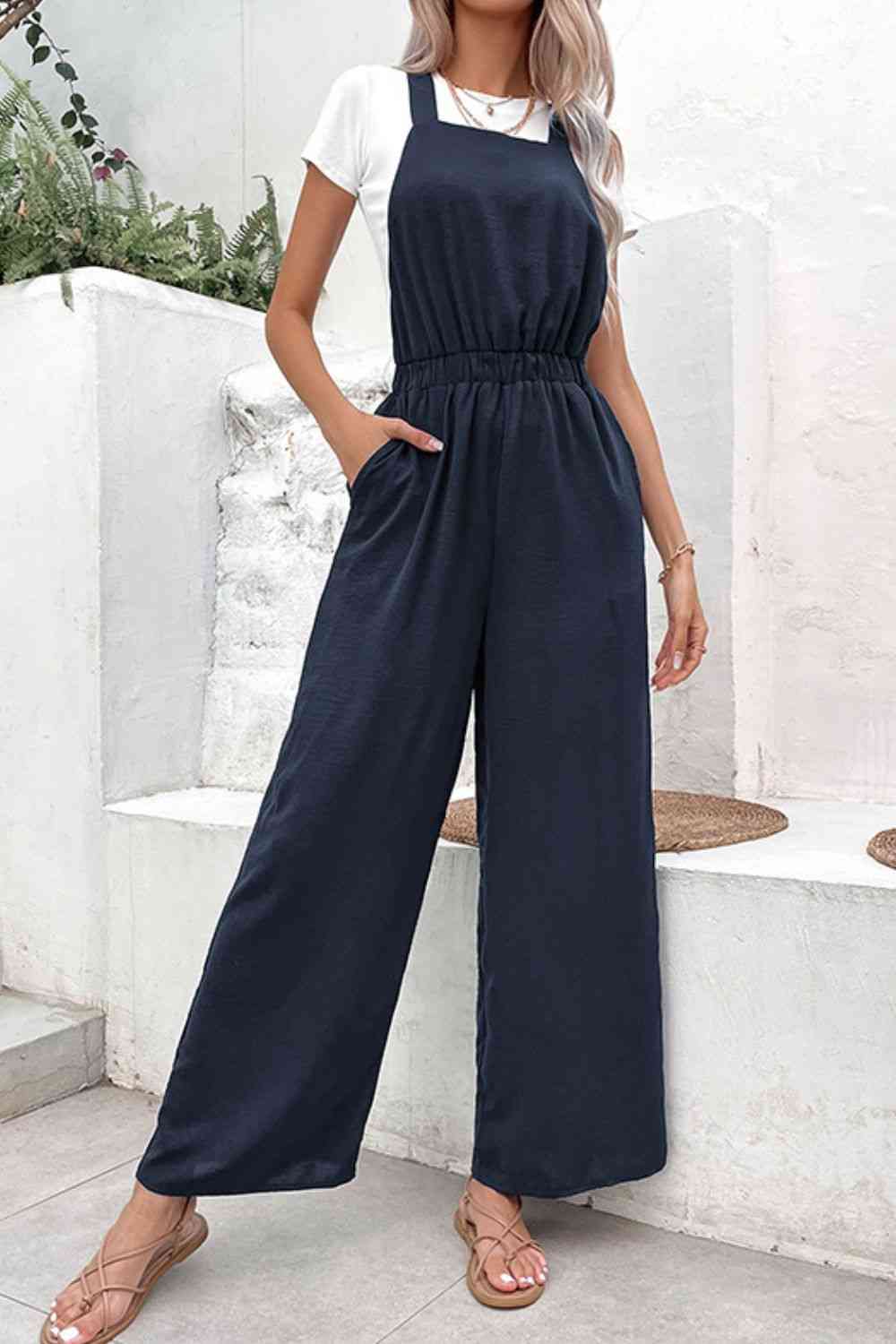 Elastic Waist Overalls with Pockets - TRENDMELO